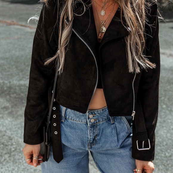 B107 Black Asymmetric Zipper Belted Hem Jacket - Picture 3 of 4